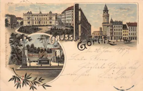 Gruss aus Görlitz Obermarkt, Postplatz und Kanonendenkmal Sachsen Litho AK 1897