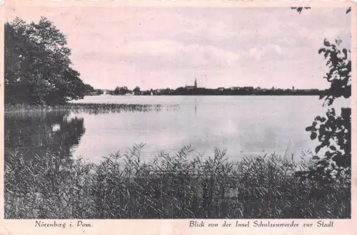 Nörenberg i. Pom. Blick von der Insel Schulzenwerder zur Stadt Postkarte AK 1940