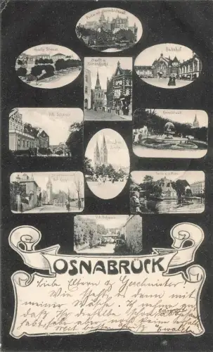 Bahnhof, Kirchen und Schanze Osnabrück Niedersachsen Panorama-Postkarte AK 1905