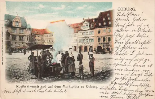 Rostbratwurststand auf dem Marktplatz Coburg Bayerrn Postkarte AK 1906
