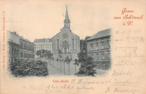 Gruss aus Schöneck mit Unter-Markt und Kirche Vogtland Sachsen Postkarte AK 1906