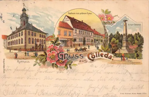 Kölleda Gasthaus zum goldenen Kreuz Litho Postkarte 1900