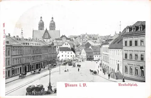 Plauen i. V. Neustadtplatz Restauration zur Staffel Straßenbahn Postkarte AK