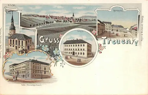 Gruss aus Treuen mit Hotel, Schule und Kirche Vogtland Sachsen Litho Postkarte