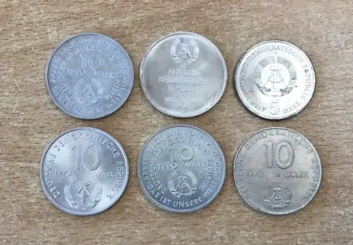 Lot/ Konvolut 6 x DDR Münzen 5 und 10 Mark 1973 - 1990