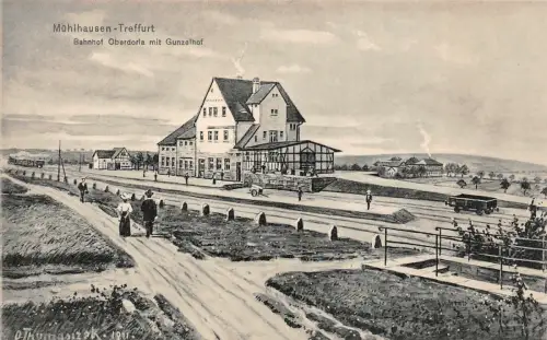 Bahnhof Oberdorla mit Gunzelhof Treffurt Künstlerkarte Thomasizek Thüringen s/w