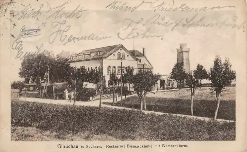 Restaurant Bismarckhöhe mit Bismarckturm Glauchau Sachsen Postkarte AK 1925