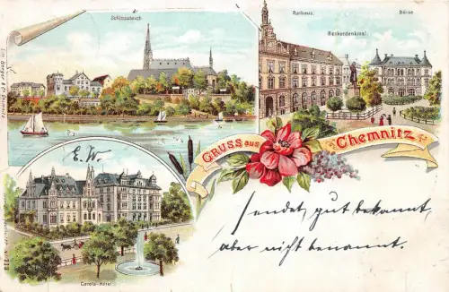Gruss aus Chemnitz Schlossteich Rathaus Börse Postkarte AK 1899
