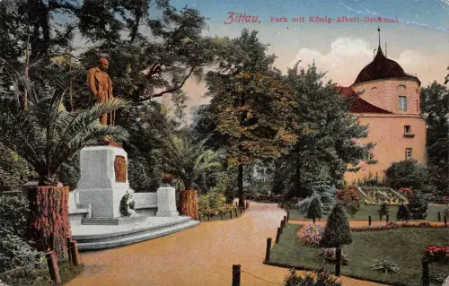 Park mit König Albert- Denkmal in Zittau Sachsen Postkarte AK