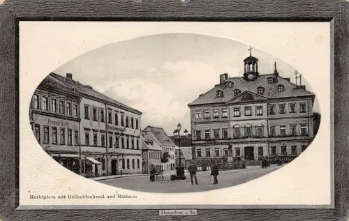Marktplatz mit Gellertdenkmal und Rathaus in Hainichen Sachsen Postkarte AK 1911