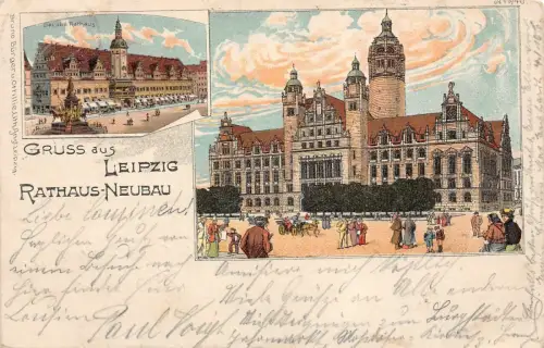 Gruss aus Leipzig Rathaus-Neubau Altes Rathaus Postkarte AK 1903