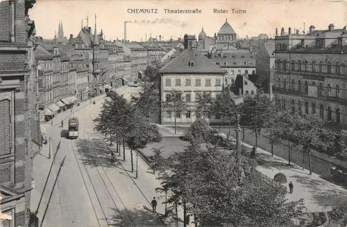 Chemnitz Theaterstraße Roter Turm Postkarte 1912