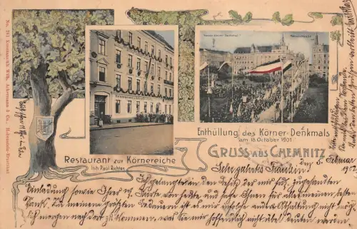 Gruss aus Chemnitz Enthüllung des Körner-Denkmals Postkarte AK 1902