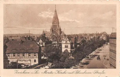 Glauchauer Straße mit Kirche in Zwickau Sachsen Postkarte AK 1913