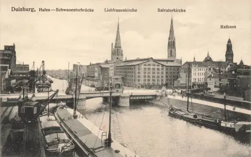 Schwanentorbrücke, Kirchen und Rathaus Duisburg Nordrhein-Westfalen Postkarte AK