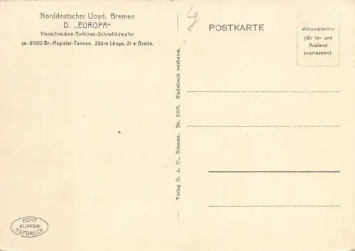 Norddeutscher Lloyd, Bremen D. "EUROPA" Schnelldampfer AK