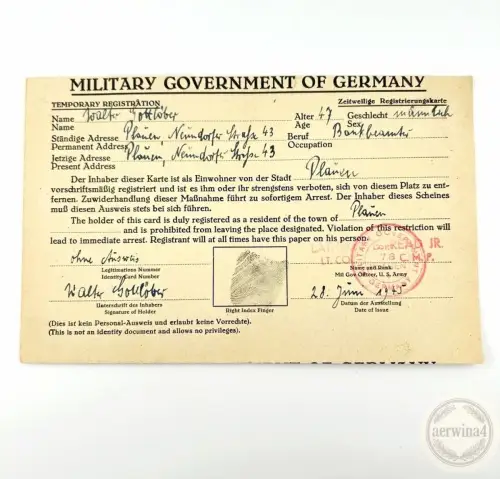 Military Government of Germany Registrierungskarte 28.06.1945 Plauen Bankbeamter
