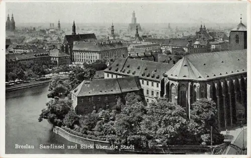 Sandinsel und Blick über die Stadt Breslau Schlesien Postkarte AK