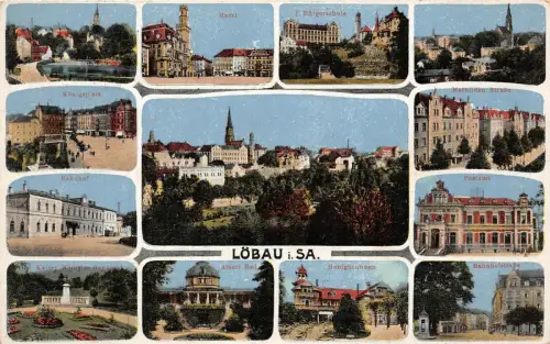 Panorama-Karte mit Postamt, Albert Bad, Bahnhof Löbau Sachsen Postkarte AK 1932