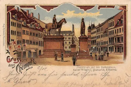 Gruss aus Chemnitz Marktplatz mit den Denkmälern Postkarte AK 1900