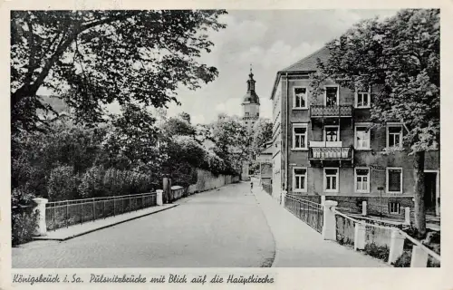 Königsbrück i. Sa. Pulsnitzbrücke m. Blick auf die Hauptkirche Postkarte AK 1943
