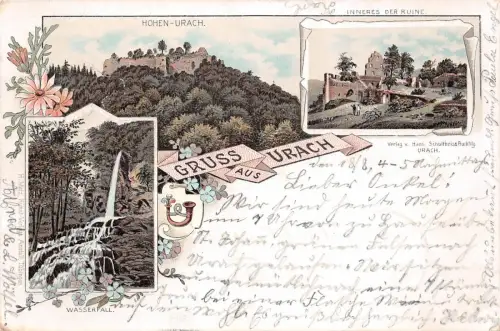 Gruss aus Urach Hohen-Urach Wasserfall Inneres der Ruine Litho Postkarte AK 1897
