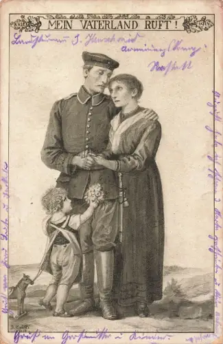 Mein Vaterland Ruft! Soldat mit Frau und Kind Postkarte AK 1915