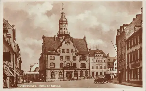 Geringswalde Markt, PKW am Rathaus Fotokarte 1920
