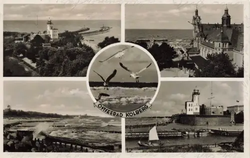 Panorama Lotsenturm u. Strandschloss Ostseebad Kolberg Pommern Postkarte AK 1937