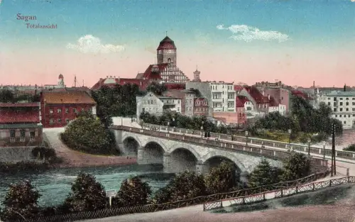 Totalansicht mit Brücke von Sagan Żagań Schlesien Postkarte AK 1918