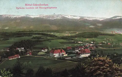 Partie Lenzheim mit Riesengebirgskamm Schreiberhau Schlesien Postkarte AK 1926