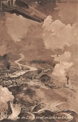 Das Eingreifen des Zeppelin VI im Kampf um Lüttich Patriotika Postkarte AK