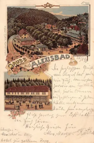 Gruß aus Alexisbad Hotel zur goldenen Rose Litho Postkarte 1898