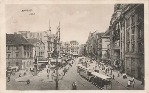 Blick auf Ring mit Straßenbahn in Breslau Schlesien Postkarte AK