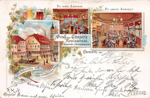 Gruss aus Tänzers Restaurant Chemnitz Sachsen Litho Postkarte 1901