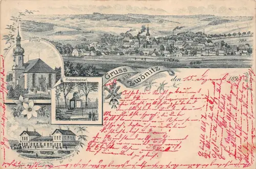 Gruß aus Zwönitz mit Kirche, Bahnhof und Denkmal Sachsen Litho Postkarte AK 1895