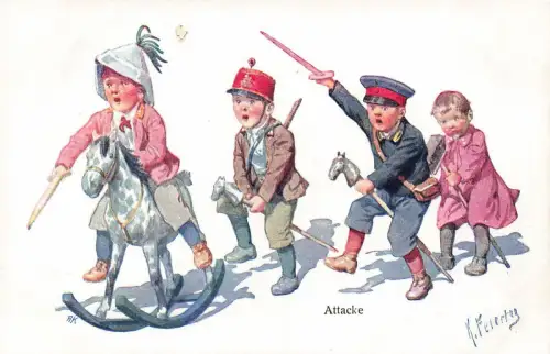 Kleine Soldaten Holzschwert Schaukelpferd Attacke Künstlerkarte K. Feiertag Nr 2