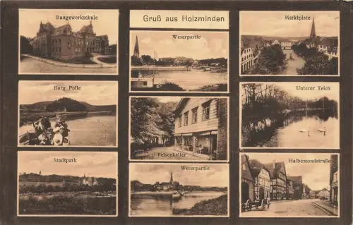 Gruß aus Holzminden Schule und Felsenkeller Niedersachsen Panorama-Postkarte AK