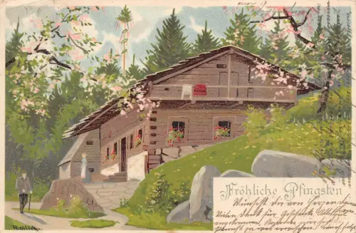 Mann am Haus Mailick Künstler Pfingsten Postkarte 1905