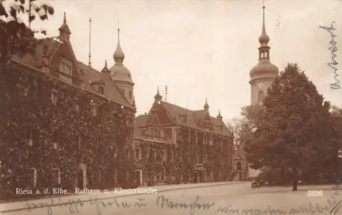 Riesa a. d. Elbe Rathaus u. Klosterkirche Postkarte AK 1929