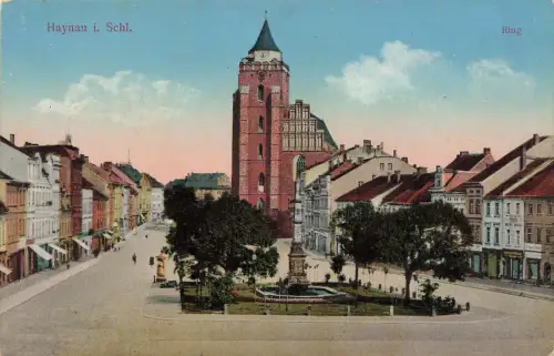 Am Ring mit Kirche in Haynau Schlesien Postkarte AK
