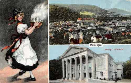 Stadtansicht Meiningen und Hoftheater in Thüringen Postkarte AK 1925