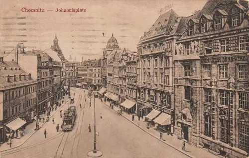 Chemnitz Johannisplatz Straßenbahn Postkarte AK 1925