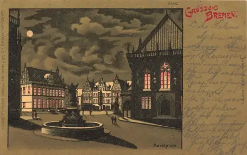 AK Bremen Marktplatz Brunnen Bremen 1900 gelaufen Postkarte Litho