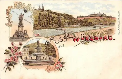 Gruss aus Würzburg Luitpold Denkmal Kilian Brunnen Litho Postkarte