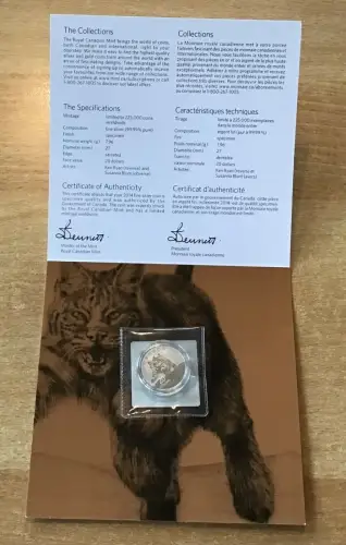 Kanada 20 Dollars 2014 Rotluchs Silber Probe