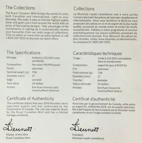 Kanada 20 Dollars 2014 Rotluchs Silber Probe