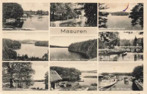 Dampferhaltestelle und Niedersee Masuren Ostpreussen Panorama-Postkarte AK 1941
