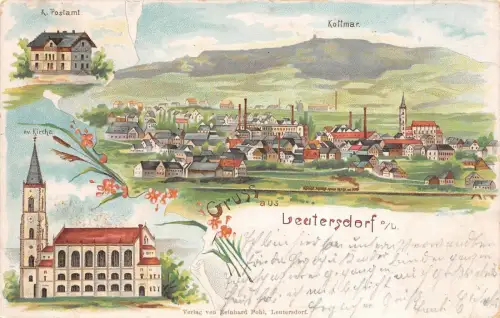 Gruss aus Leutersdorf mit Kirche und Postamt Sachsen Litho Postkarte AK 1955