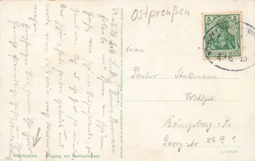 Eingang zur Wolfsschlucht Warnicken Lesnoje Ostpreussen Postkarte AK 1913
